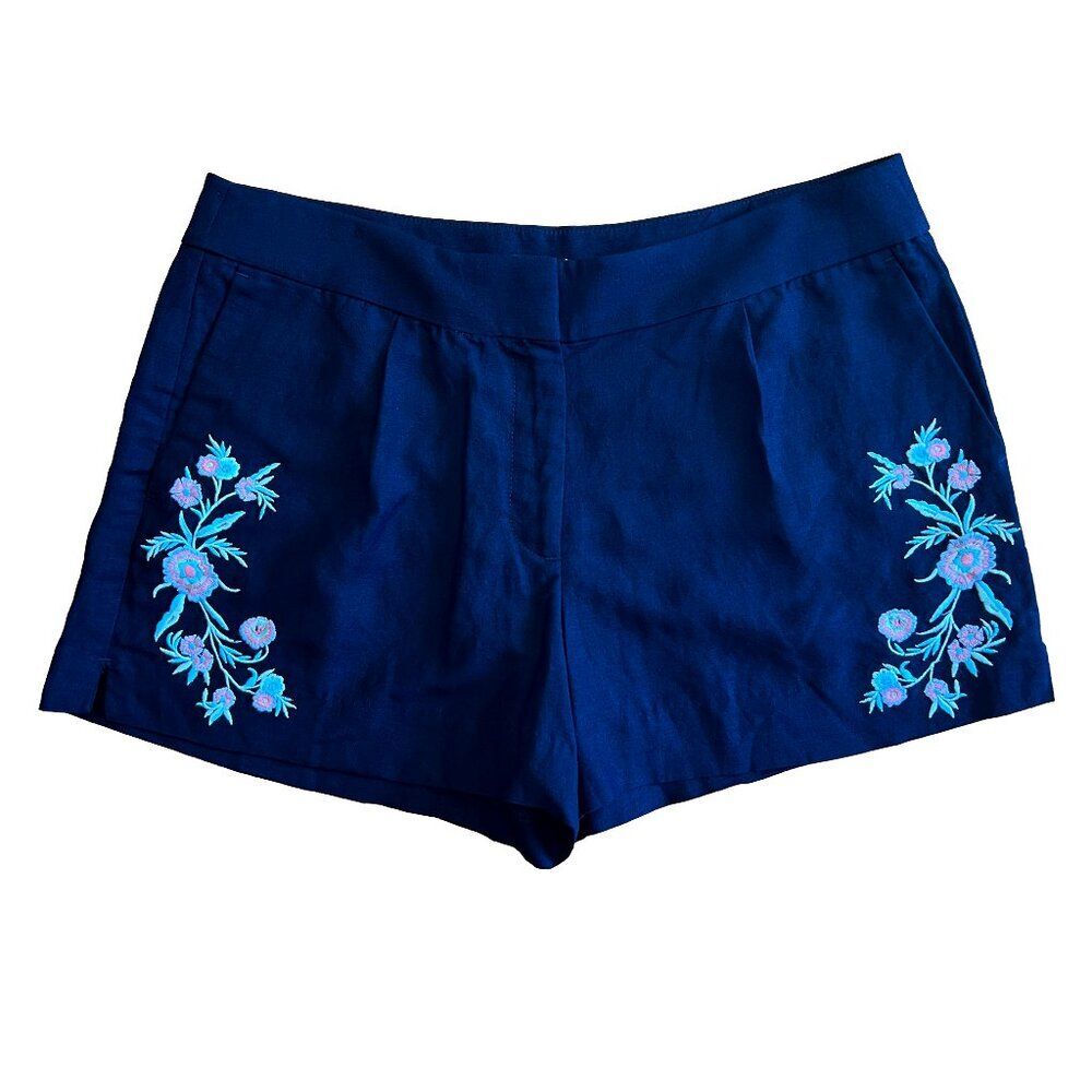 NEW Ann Taylor Loft Linen Blend Navy Embroidered Flowers Shorts Size 8 Boho NWT